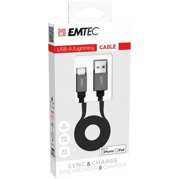 EMTEC USB-A to Lightning T700 - 4 ft (1.22 m) Lightning/USB Data Transfer Cable for iPad, iPhone, Smartphone, Tablet - First End: 1 x USB Type A - Male - Second End: 1 x Lightning - Male - MFI - 1 Each