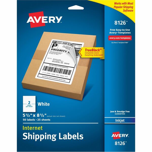 Avery&reg; White Rectangle Labels TrueBlock&reg;, 8½" x 5½" , for Laser and Inkjet Printers - 5 1/2" Width x 8 1/2" Length - Permanent Adhesive - Rectangle - Inkjet - White - Paper - 2 / Sheet - 25 Total Sheets - 50 Total Label(s) - 50 / Pack - Permanent