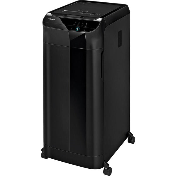 Fellowes AutoMax&trade; 600M Auto Feed Shredder - Micro Cut - 600 Per Pass - for shredding Staples, Paper Clip, Paper, Credit Card, Junk Mail - 0.1" (1.98 mm) x 0.5" (13.89 mm) Shred Size - P-5 - 9" (228.60 mm) Throat - 83.28 L Wastebin Capacity - Black