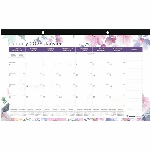 Blueline Passion Monthly Desk Pad Calendar, 17-3/4" x 10-7/8" , Bilingual - Monthly, Yearly - 12 Month - January 2026 to December 2026 - 1 Month Single Page Layout - 17 3/4" (450.85 mm) x 10 7/8" (276.22 mm) Sheet Size - 2 x Holes - Desk Pad - Clear - Chi