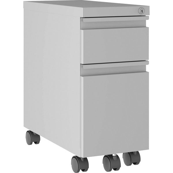 Lorell Slim Mobile Pedestal - 10" (254 mm) Width x 19.9" (504.83 mm) Depth x 21.8" (552.45 mm) Height for File, Box - Letter, Legal - Mobility, Storage Space, Anti-tip, Hanging Rail, Locking Drawer, Compact, Key Lock - Silver - Metal - Recycled