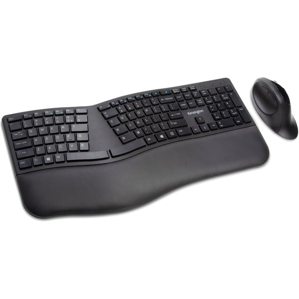 Kensington Pro Fit Ergo Wireless Keyboard and Mouse-Black - USB Wireless Bluetooth/RF 4.0 2.40 GHz Keyboard - Black - USB Wireless Bluetooth/RF Mouse - Black - Compatible with PC, Mac - 1 Each