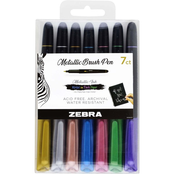 Zebra Pen Metallic Brush Pen Set - Medium Brush Pen Point - Assorted Metallic Ink - Pigment-based - 7 / Pack