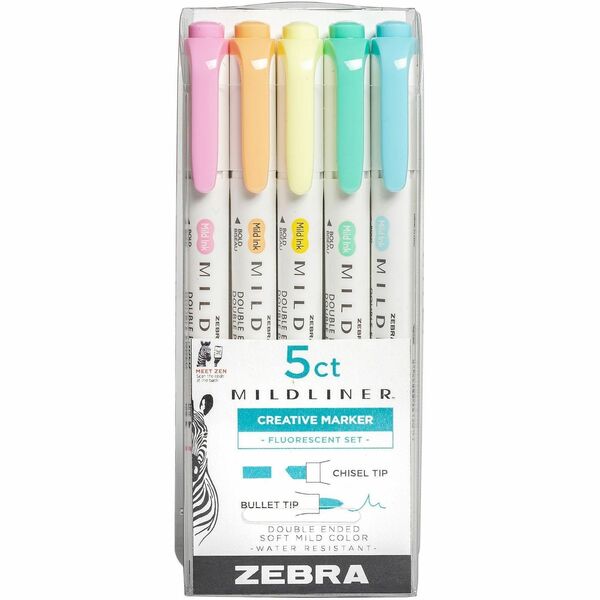 Zebra Pen Mildliner Double Ended Highlighter Assorted Fluorescent 5Pk - Broad Chisel, Fine Bullet Marker Point - Fluorescent Assorted Ink - White Barrel - 5 / Pack