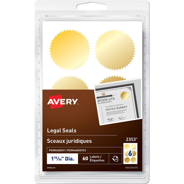 Avery&reg; Legal SealsHandwrite, 1-15/16" Diameter, Gold - Gold - 60 / Pack