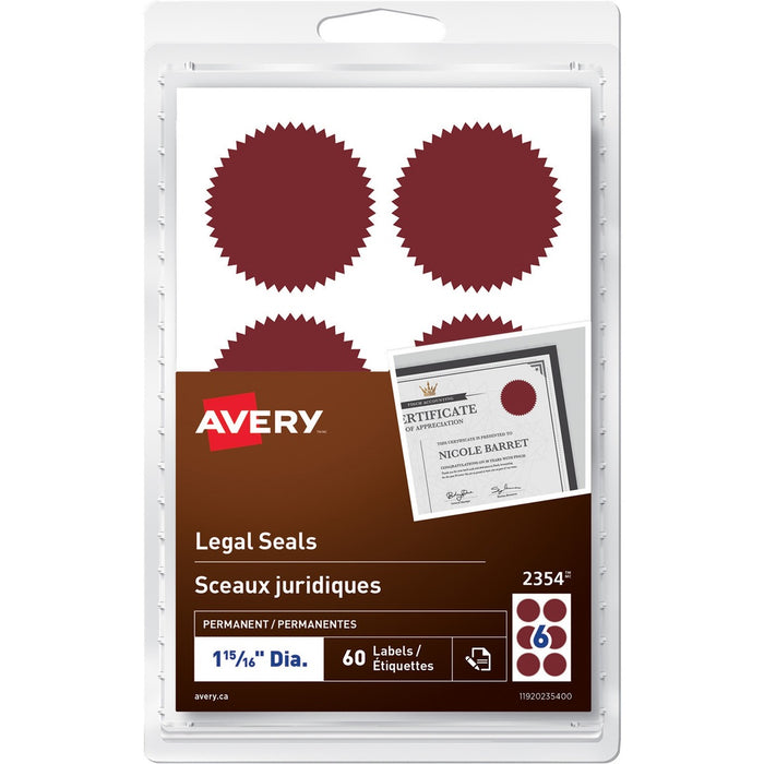 Avery&reg; Legal SealsHandwrite, 1-15/16" Diameter, Red - Red - 60 / Pack