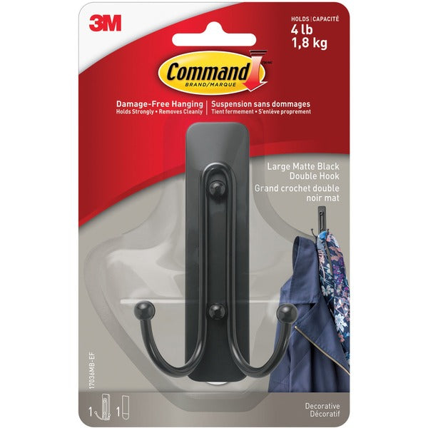 Command Hook - 1 Large Hook - 5 lb (2267.96 g) Capacity - 1.70" (43.18 mm) Height x 2.35" (59.69 mm) Width x 4" (101.60 mm) Length - for Bag, Closet, Coat, Hat, Kitchen, Laundry Room, Office, Painted Surface, Tile, Wood - Plastic, Metal - Matte Black - 1