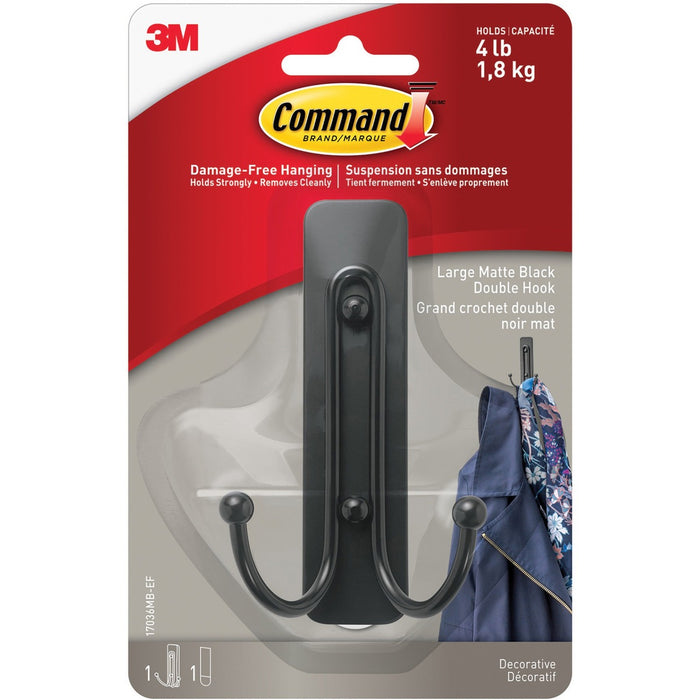 Command Hook - 1 Large Hook - 5 lb (2267.96 g) Capacity - 1.70" (43.18 mm) Height x 2.35" (59.69 mm) Width x 4" (101.60 mm) Length - for Bag, Closet, Coat, Hat, Kitchen, Laundry Room, Office, Painted Surface, Tile, Wood - Plastic, Metal - Matte Black - 1