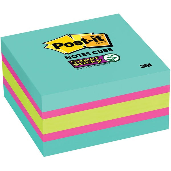 Post-it&reg; Super Sticky Notes Cubes - 3" (76.20 mm) Flag/Note Width x 3" (76.20 mm) Flag/Note Length - Square - 360 Sheets per Pad - Pink, Bright Blue, Green, Aqua Wave, Fuchsia - Paper - Sticky, Recyclable, Removable, Adhesive - 1 / Pack
