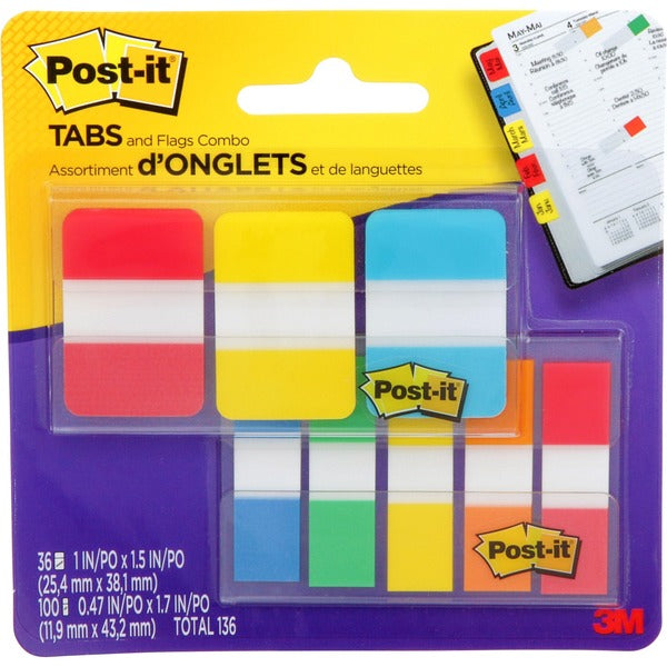 Post-it&reg; Flag - 36, 100 - 1" (25.40 mm) Flag/Note Width, 15/32" (11.94 mm) Flag/Note Width - Sticky, Removable, Adhesive - Dispenser Included - 136 / Pack