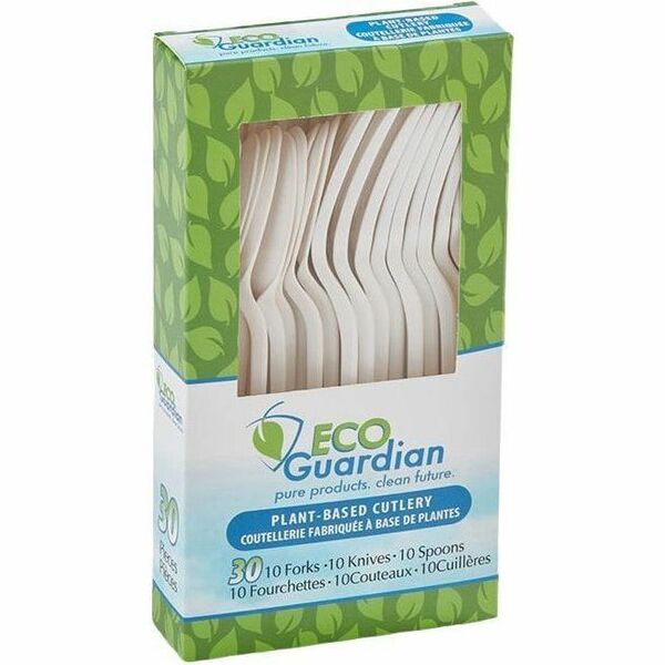 Eco Guardian 7" Cutlery Box (Spoon, Fork & Knife), Natural, 30 Piece Retail Pack - 30 Piece(s) - Cutlery Set - 10 x Spoon - 10 x Fork - 10 x Knife - Food, Cafeteria - Dishwasher Safe - Plant Starch - Natural, White - 30 / Pack
