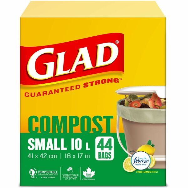Glad 100% Compostable Bags - Small 10 Litres - Lemon scent, 44 Compost Bags - Small Size - 10 L Capacity - 16" (406.40 mm) Width x 17" (431.80 mm) Length - White - Waste Disposal, Kitchen - 44 / Box