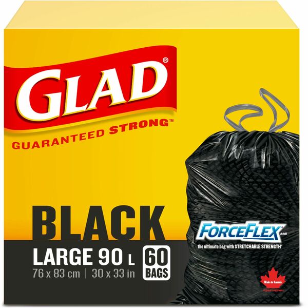 Glad ForceFlex Trash Bag - Large Size - 90 L Capacity - 33" (838.20 mm) Length x 30" (762 mm) Width - Black - Garbage - 60 / Box
