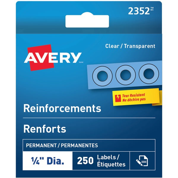 Avery&reg; Clear Reinforcement Labels ¼" Diameter - 0.25" (6.35 mm) Diameter - Round - Clear - Polyvinyl - 250 / Box