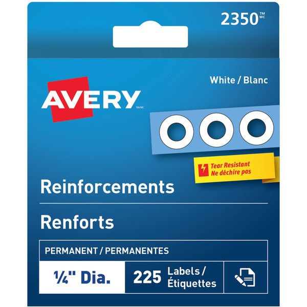 Avery&reg; White Reinforcement Labels, ¼" Diameter, 225/pk - 0.25" (6.35 mm) Diameter - Round - Mylar - 225 / Pack