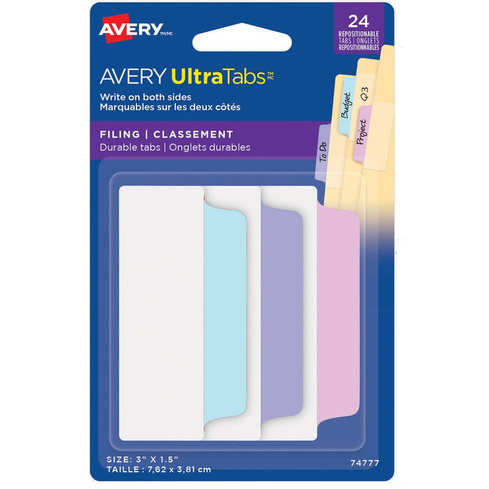 Avery&reg; UltraTabs Filing Tabs - 24 Write-on Tab(s) - 24 Tab(s)/Set - 3" (76.20 mm) Tab Height x 1.50" (38.10 mm) Tab Width - Removable - Pastel Pink Plastic, Pastel Blue, Pastel Purple Tab(s) - No - Repositionable, Durable, Double-sided, Smudge Resista