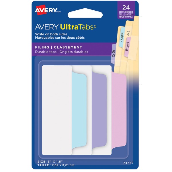 Avery&reg; UltraTabs Filing Tabs - 24 Write-on Tab(s) - 24 Tab(s)/Set - 3" (76.20 mm) Tab Height x 1.50" (38.10 mm) Tab Width - Pastel Pink Plastic, Pastel Blue, Pastel Purple Tab(s) - 24 / Pack