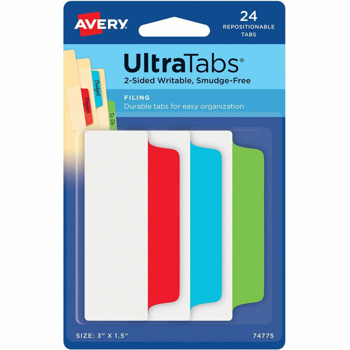 Avery&reg; Ultra Tabs File Tab - 1152 Tab(s) - 1.50" (38.10 mm) Tab Height x 3" (76.20 mm) Tab Width - Removable - Red Film, Clear Paper, Blue, Green Tab(s) - Double-sided, Writable, Reusable, PVC-free, Repositionable, Smudge Resistant, Sturdy, Durable -