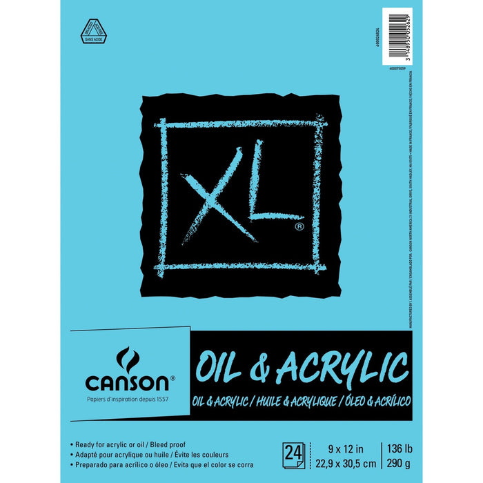 Canson XL Oil & Acrylic Pad - 24 Sheets - Glue - 136 lb (61688.56 g) Basis Weight x 9" (228.60 mm) Width x 12" (304.80 mm) Length - Bleed-free, Durable Cover, Acid-free, Sturdy - 1 Each