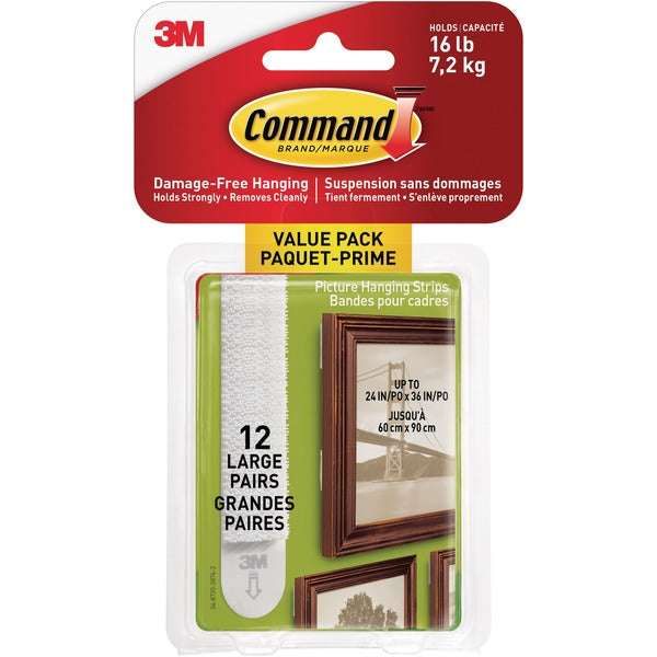 Command Hanging Strip - 16 lb (7257.48 g) Capacity - for Pictures, Art - White - 12 / Pack