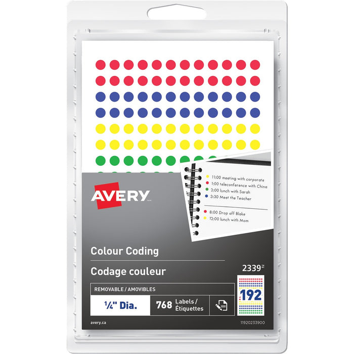 Avery&reg; Removable Colour Coding LabelsHandwrite, 1/4" , Assorted Colours - 1/4" (6.35 mm) Diameter - Removable Adhesive - Round - Red, Blue, Green, Yellow - 192 / Sheet - 4 Total Sheets - 768 / Pack