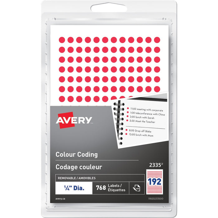 Avery&reg; Removable Colour Coding LabelsHandwrite, 1/4" , Red - 1/4" (6.35 mm) Diameter - Removable Adhesive - Round - Laser, Inkjet - Red - 192 / Sheet - 4 Total Sheets - 768 / Pack