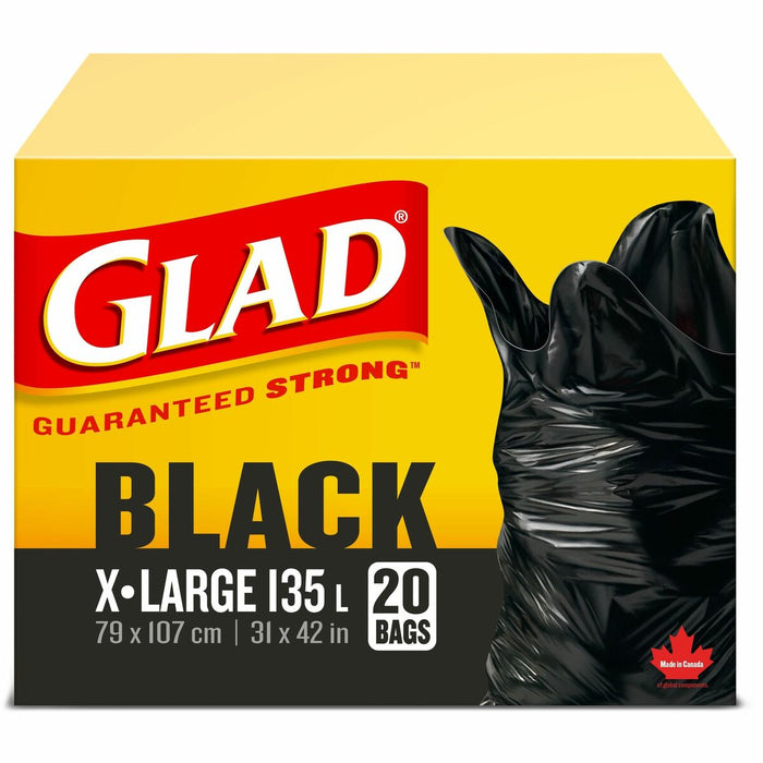 Glad Extra Large Easy Tie Garbage Bags - Extra Large Size - 42" (1066.80 mm) Length x 31" (787.40 mm) Width - Black - Office, Kitchen, Bathroom, Garbage - No - 20 / Box