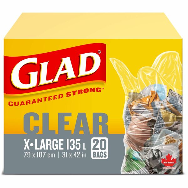 Glad Extra Large Easy Tie Garbage Bags - Extra Large Size - 31" (787.40 mm) Width x 42" (1066.80 mm) Length - Clear - 20/Box - Office, Kitchen, Bathroom, Garbage