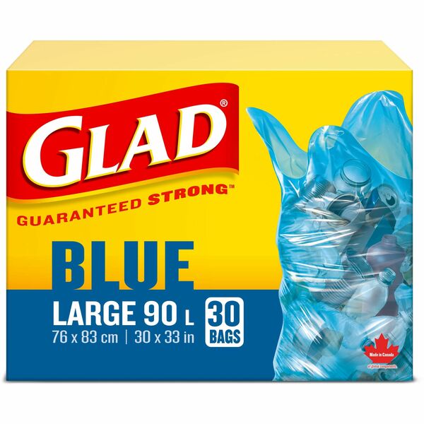 Glad Blue Recycle Large 90L Bags - Large Size - 90 L Capacity - 30" (762 mm) Width x 33" (838.20 mm) Length - Blue - Garbage - 30 / Box