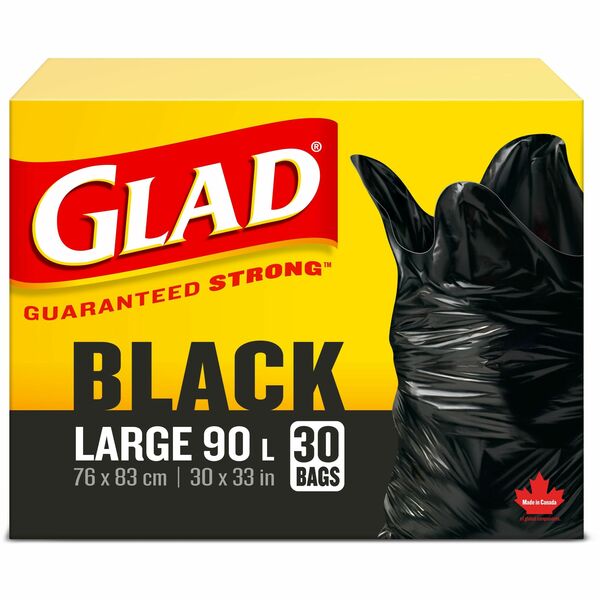 Glad Black 90L Large Bags - Large Size - 90 L Capacity - 33" (838.20 mm) Length x 30" (762 mm) Width - Black - Garbage - 30 / Box