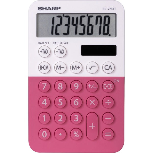 Sharp 8-digit Large Desktop Calculator - 3-Key Memory, Dual Power, Angled Display, Automatic Power Down, Extra Large Key - 8 Digits - LCD - Battery/Solar Powered - 1 x LR54 - 0.9" (23 mm) Height x 3" (76 mm) Width x 4.7" (120 mm) Depth - Pink - Plastic -