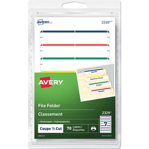 Avery&reg; File Folder Labels for Laser and Inkjet Printers, 3½" x ?" , Assorted - 19/64" Height x 3 1/2" Width - Permanent Adhesive - Rectangle - Inkjet, Laser - Blue, Green, Red, Yellow - 7 / Sheet - 10 Total Sheets - 70 / Pack