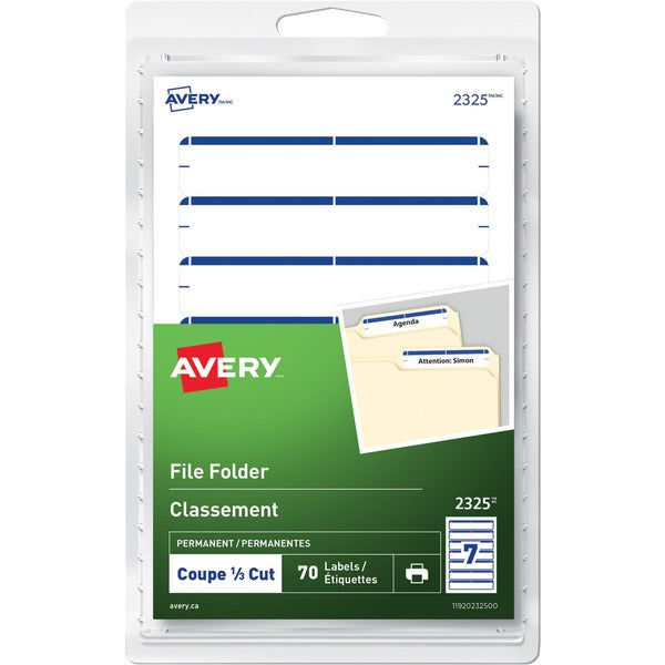 Avery&reg; File Folder Labelsfor Laser and Inkjet Printers, 3-1/2" x 1/3" , Blue - 3/4" (19.05 mm) Height x 3 1/2" (88.90 mm) Width - Permanent Adhesive - Rectangle - Inkjet, Laser - Blue - Paper - 7 / Sheet - 10 Total Sheets - 70 / Pack