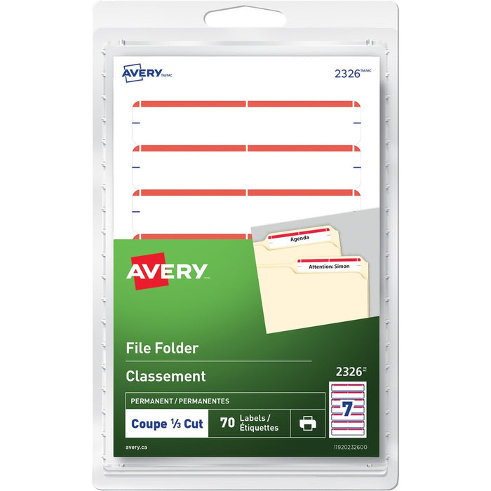 Avery&reg; File Folder Labelsfor Laser and Inkjet Printers, 3-1/2" x 1/3" , Red - 19/64" (7.62 mm) Height x 3 1/2" (88.90 mm) Width - Permanent Adhesive - Rectangle - Inkjet, Laser - Red - 7 / Sheet - 10 Total Sheets - 70 / Pack
