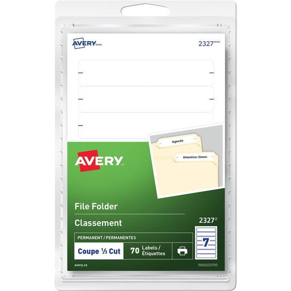 Avery&reg; File Folder Labels for Laser and Inkjet Printers, 3½" x ?, White - 19/64" Height x 3 1/2" Width - Permanent Adhesive - Rectangle - Inkjet, Laser - White - 7 / Sheet - 10 Total Sheets - 70 / Pack