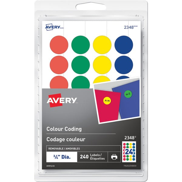 Avery&reg; Removable Colour Coding Labelsfor Laser and Inkjet Printers, 3/4" - 3/4" (19.05 mm) Diameter - Removable Adhesive - Round - Laser, Inkjet - Red, Blue, Green, Yellow - 24 / Sheet - 10 Total Sheets - 240 / Pack