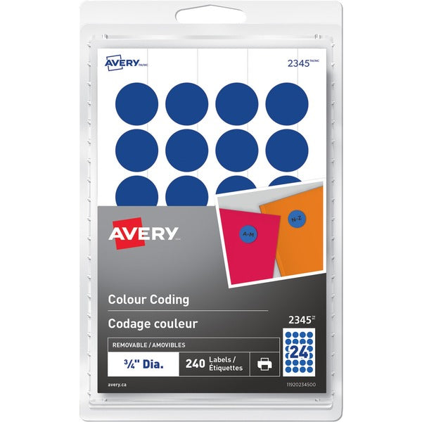 Avery&reg; Removable Colour Coding Labels for Laser and Inkjet Printers, ¾" , Blue - - Height3/4" Diameter - Removable Adhesive - Round - Laser, Inkjet - Blue - 24 / Sheet - 10 Total Sheets - 240 / Pack