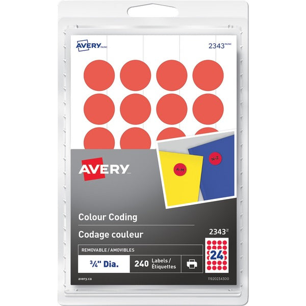 Avery&reg; Removable Colour Coding Labels for Laser and Inkjet Printers, ¾" , Red - - Height3/4" Diameter - Removable Adhesive - Round - Laser, Inkjet - Red - 24 / Sheet - 10 Total Sheets - 240 / Pack