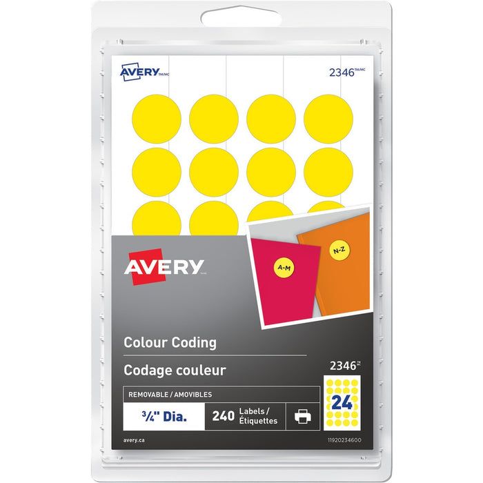 Avery&reg; Removable Colour Coding Labelsfor Laser and Inkjet Printers, 3/4" , Yellow - 3/4" (19.05 mm) Diameter - Removable Adhesive - Round - Laser, Inkjet - Yellow - 24 / Sheet - 10 Total Sheets - 240 Total Label(s) - 240 / Pack