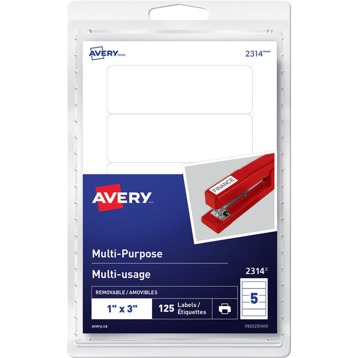 Avery&reg; Multi-Purpose Removable Labelsfor Laser and Inkjet Printers, 1" x 3" - 1" (25.40 mm) Height x 3" (76.20 mm) Width - Removable Adhesive - Rectangle - Inkjet, Laser - White - 5 / Sheet - 25 Total Sheets - 125 / Pack