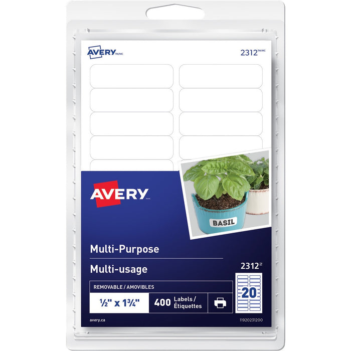 Avery&reg; Multi-Purpose Removable Labelsfor laser or inkjet printers, 1/2" x 1-3/4" - 1/2" (12.70 mm) Height x 1 3/4" (44.45 mm) Width - Removable Adhesive - Rectangle - Inkjet, Laser - White - 20 / Sheet - 20 Total Sheets - 400 / Pack
