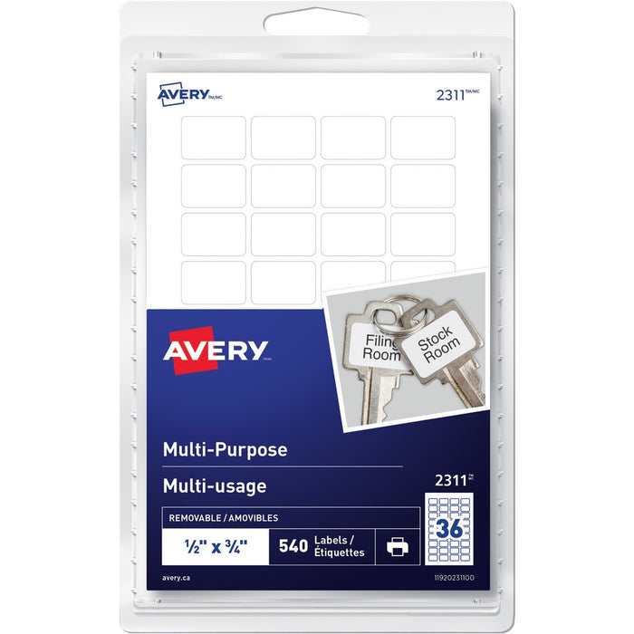 Avery&reg; Multi-Purpose Removable Labelsfor Laser and Inkjet Printers, 1/2" x 3/4" - 1/2" (12.70 mm) Height x 3/4" (19.05 mm) Width - Removable Adhesive - Rectangle - Laser, Inkjet - White - 36 / Sheet - 15 Total Sheets - 540 / Pack