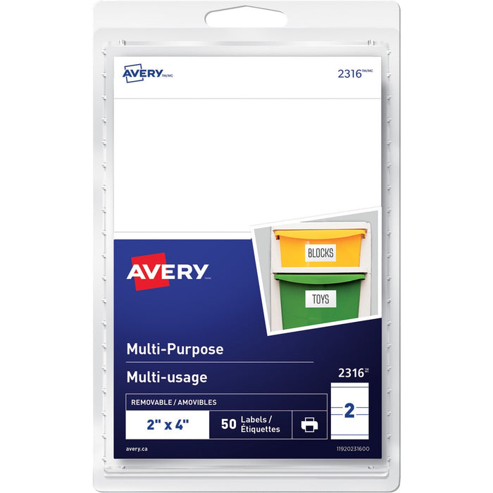 Avery&reg; Multi-Purpose Removable Labelsfor laser and inkjet printers, 2" x 4" - 4" (101.60 mm) Height x 2" (50.80 mm) Width - Removable Adhesive - Rectangle - Inkjet, Laser - White - 2 / Sheet - 25 Total Sheets - 50 / Pack