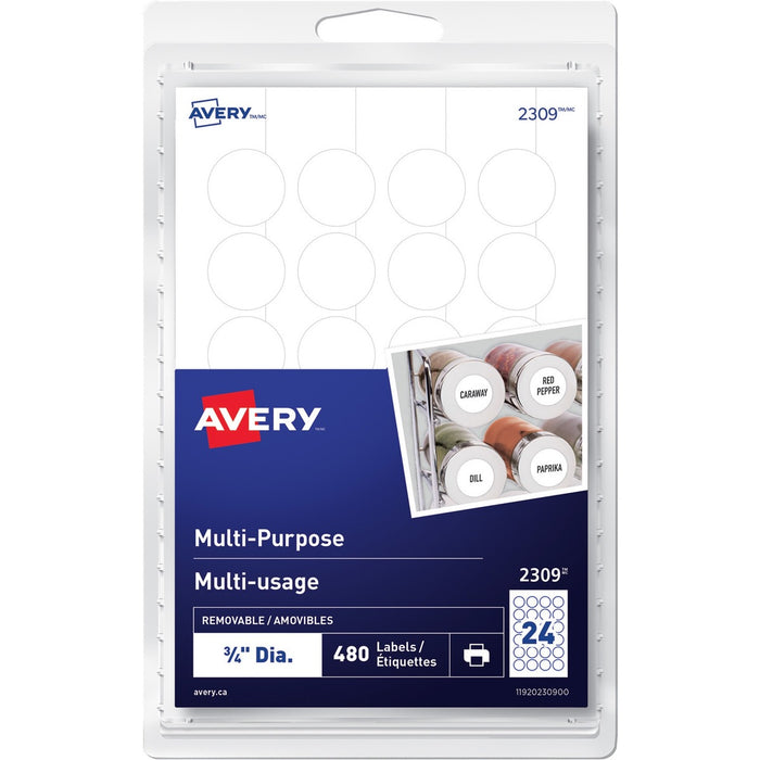 Avery&reg; Multi-Purpose Removable Labelsfor laser and inkjet printers, 3/4" - 3/4" (19.05 mm) Diameter - Removable Adhesive - Round - Laser, Inkjet - White - 24 / Sheet - 20 Total Sheets - 480 / Pack