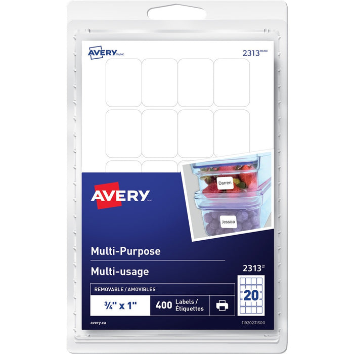 Avery&reg; Multi-Purpose Removable Labelsfor Laser and Inkjet Printers, 3/4" x 1" - 1" (25.40 mm) Height x 3/4" (19.05 mm) Width - Removable Adhesive - Rectangle - Inkjet, Laser - White - 20 / Sheet - 20 Total Sheets - 400 / Pack