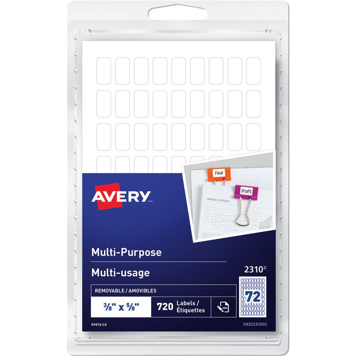 Avery&reg; Multi-Purpose Removable LabelsHandwrite, 3/8" x -5/8" - 3/8" (9.52 mm) Width x 5/8" (15.88 mm) Length - Removable Adhesive - Rectangle - White - 72 / Sheet - 10 Total Sheets - 720 / Pack