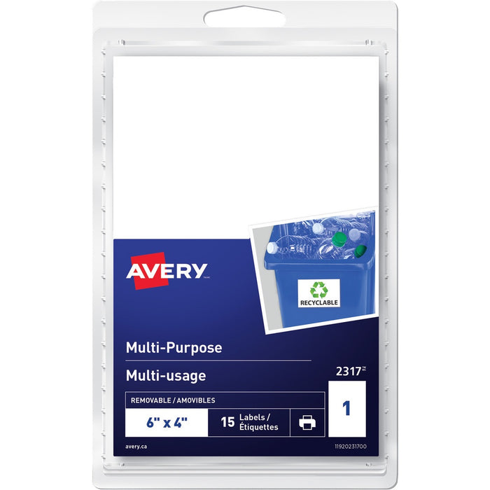 Avery&reg; Multi-Purpose Removable Labelsfor Laser and Inkjet Printers, 6" x 4" - 6" (152.40 mm) Height x 4" (101.60 mm) Width - Removable Adhesive - Rectangle - Inkjet, Laser - White - 1 / Sheet - 15 Total Sheets - 15 / Pack
