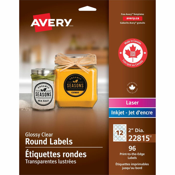 Glossy Clear Round Labels 2" Diameter, Permanent Adhesive, for Laser and Inkjet Printers - - HeightPermanent Adhesive - Round - Laser, Inkjet - Glossy Clear, Transparent - Film - 12 / Sheet - 96 / Pack