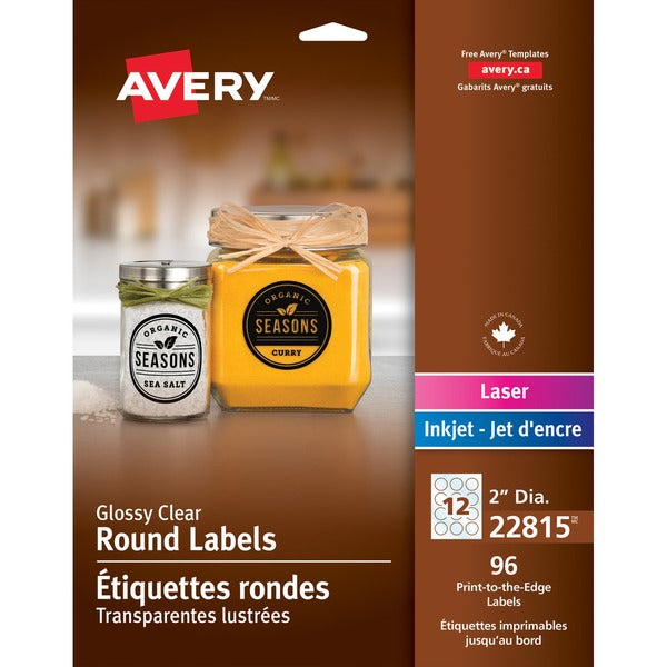 Avery&reg; Glossy Clear Round Labels 2" Diameter, Permanent Adhesive, for Laser and Inkjet Printers - - Height2" Diameter - Permanent Adhesive - Round Scallop - Laser, Inkjet - Glossy Clear - 12 / Sheet - 8 Total Sheets - 96 / Pack