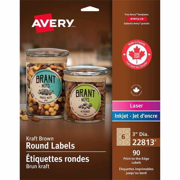 Avery&reg; Kraft Round Labels - 3" (76.20 mm) Diameter - Permanent Adhesive - Round - Laser, Inkjet - Kraft Brown - 6 / Sheet - 15 Total Sheets - 90 / Pack